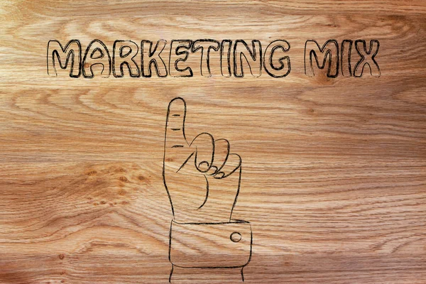 Mão apontando para o mix de marketing de escrita — Fotografia de Stock