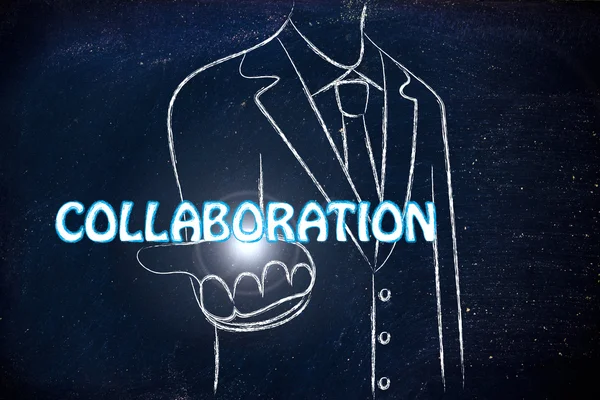 Homme d'affaires tenant le mot Collaboration — Photo