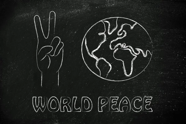 Globe en handen maken vredesteken — Stockfoto
