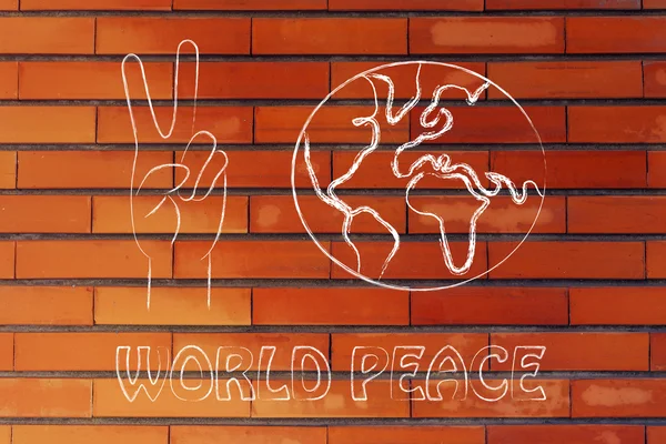 Globe and hands making peace sign — Stock Photo, Image