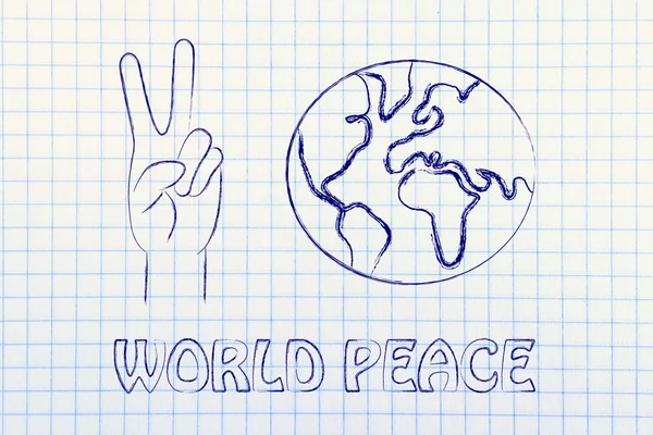 Globe en handen maken vredesteken — Stockfoto