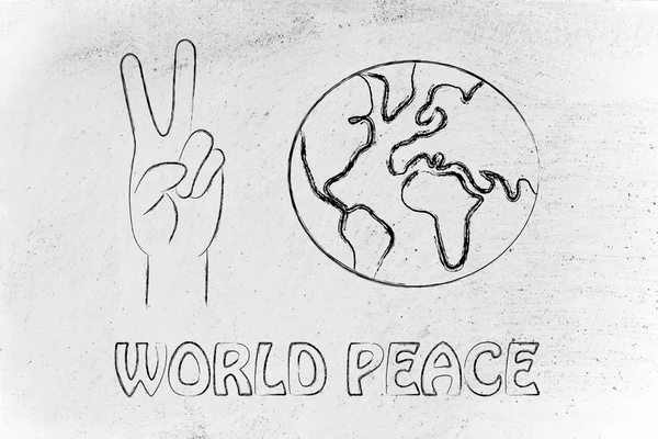 Globe and hands making peace sign