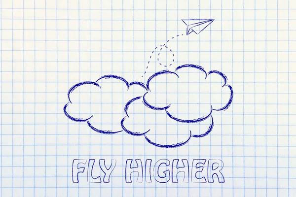 Fly higher illustration with paper airplane — Stock Photo, Image