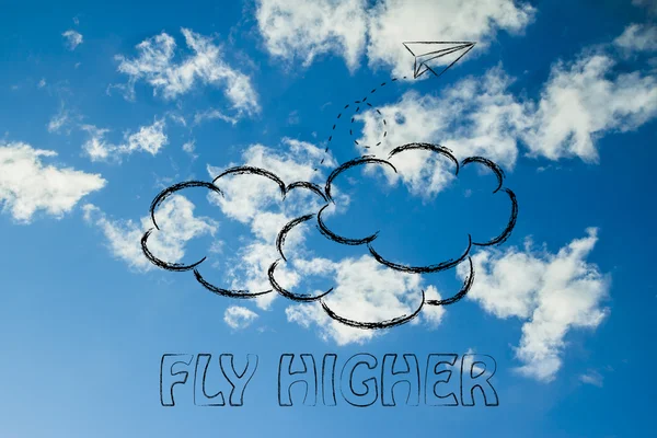 Fly higher illustration with paper airplane — Stock Photo, Image
