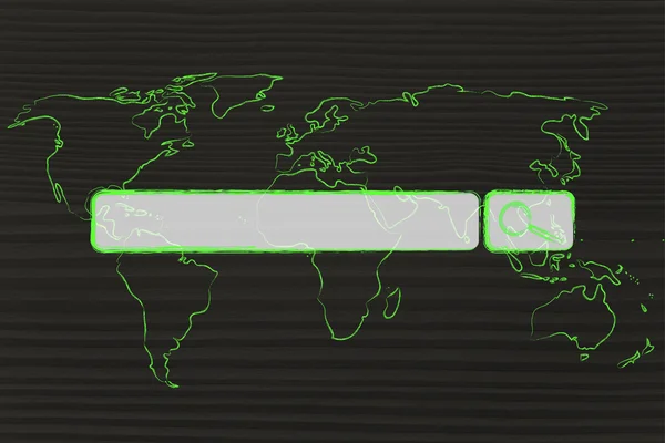 Mapa del mundo con barra de búsqueda de Internet — Foto de Stock