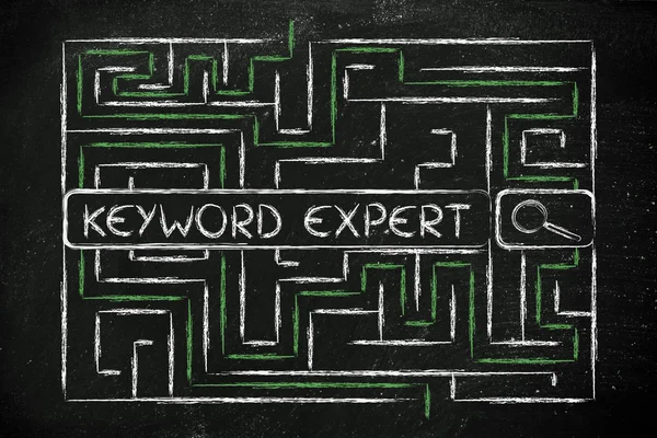Labyrinth mit Suchbegriffen auf der Suche nach einem Keyword-Experten — Stockfoto
