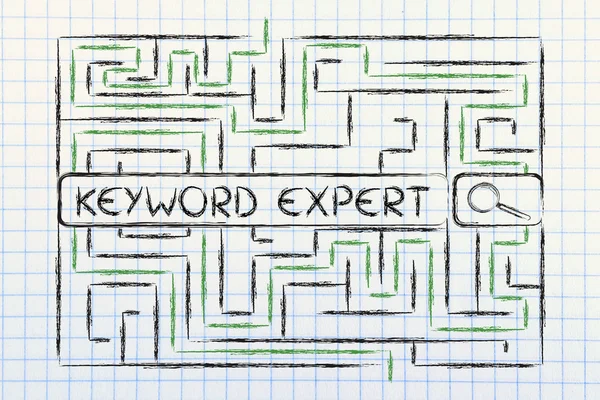 Maze with search tags seeking for a keyword expert — Stock Photo, Image