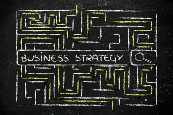 Лабиринт с тегами поиска о бизнес-стратегии — стоковое фото