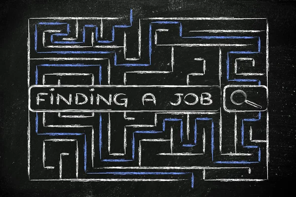 Labirinto com etiquetas de pesquisa sobre como encontrar um emprego — Fotografia de Stock