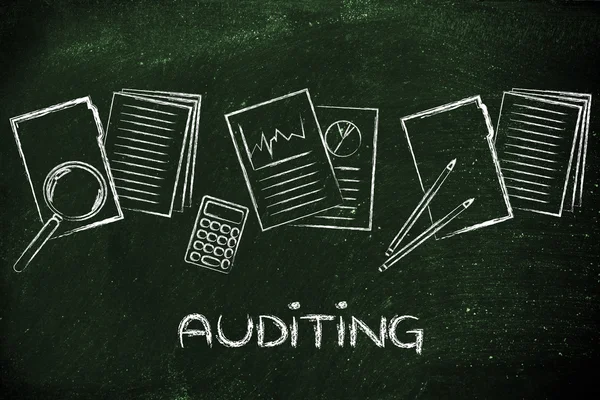 Auditing procedures: design with business documents and stats — Stock Photo, Image