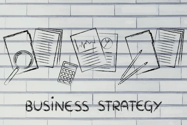 Estrategia de negocio: carpetas con documentos, estadísticas y presupuesto — Foto de Stock
