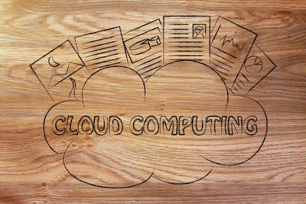 Cloud computing, funny documents on top of a cloud — Stock Photo, Image