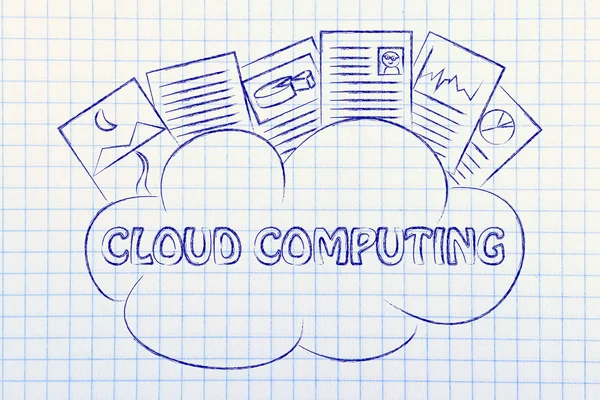 Computación en la nube, documentos divertidos encima de una nube —  Fotos de Stock