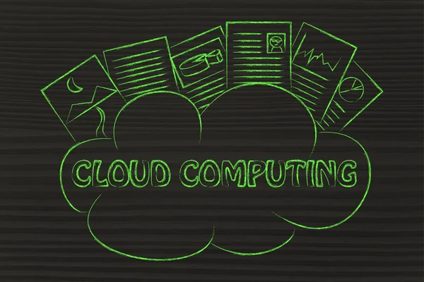 Cloud computing, documenti divertenti in cima a una nuvola — Foto Stock