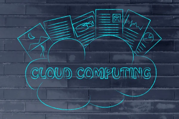 Cloud computing, zabawny dokumentów na chmurze — Zdjęcie stockowe