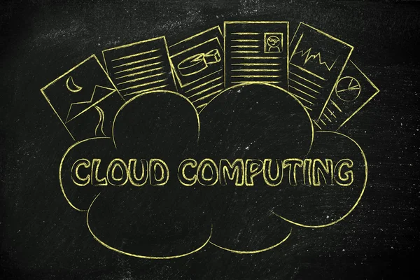 Cloud computing, funny documents on top of a cloud — Stock Photo, Image