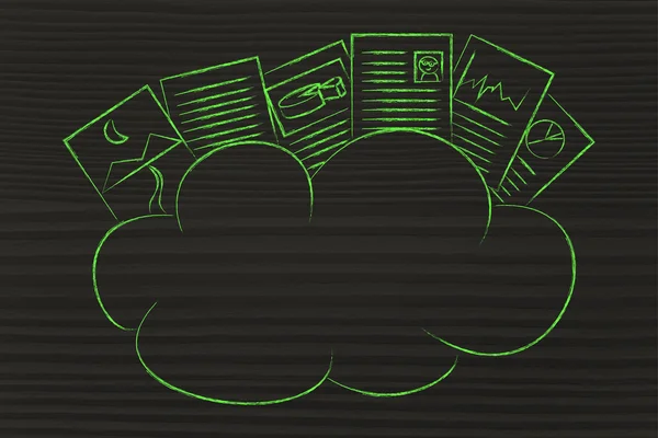 cloud computing, funny documents on top of a cloud