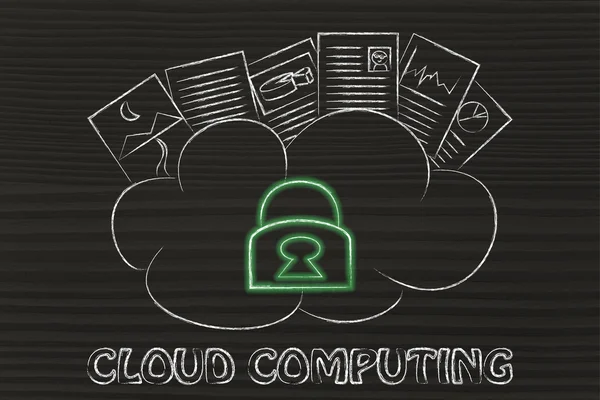 Computación en la nube, documentos divertidos encima de una nube — Foto de Stock