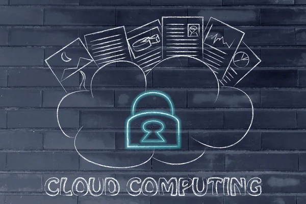 Computación en la nube, documentos divertidos encima de una nube —  Fotos de Stock
