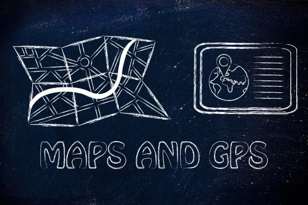 Paper map and tablet with gps information — Stock Photo, Image