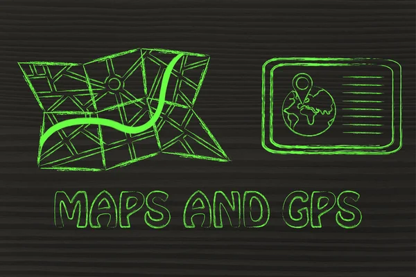 Papel mapa y tableta con información gps —  Fotos de Stock