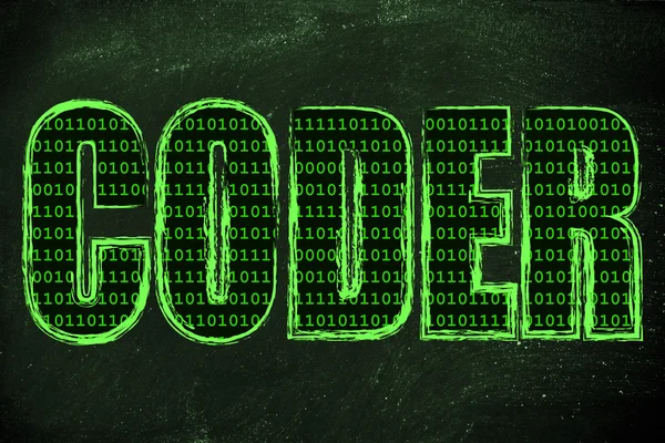 Illustratie van het woord Coder met een patroon van binaire code — Stockfoto