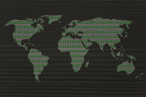 Kaart van de wereld gemaakt van binaire code overlay — Stockfoto