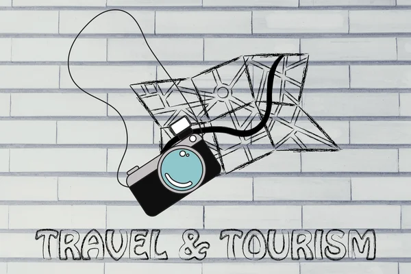Industria de viajes: cámara e ilustración de mapas — Foto de Stock