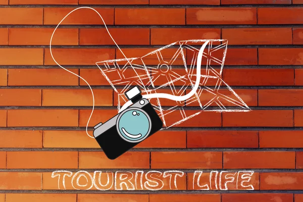 旅行業界: カメラと地図の図 — ストック写真