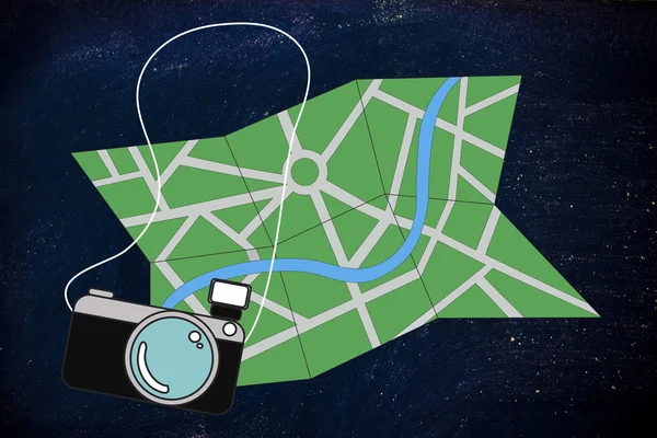 Travel industry: camera and map illustration — Stock Photo, Image