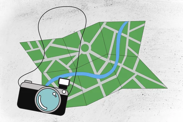 Travel industry: camera and map illustration — Stock Photo, Image