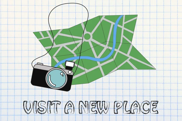 Travel industry: camera and map illustration — Stock Photo, Image