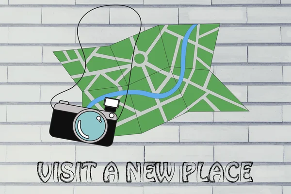 Travel industry: camera and map illustration — Stock Photo, Image