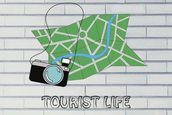 Travel industry: camera and map illustration — Stock Photo, Image