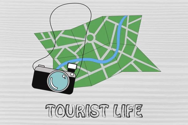 Travel industry: camera and map illustration — Stock Photo, Image