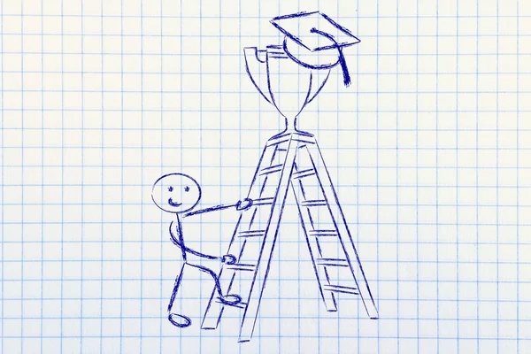 Junge steigt eine Leiter hoch, um eine Trophäe zu ergattern — Stockfoto