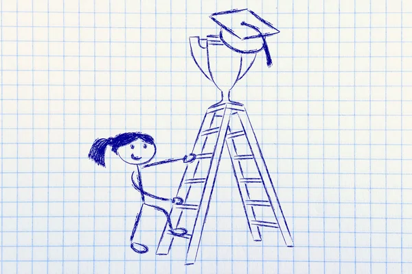 Girl going up a ladder to catch a trophy — Stock Photo, Image