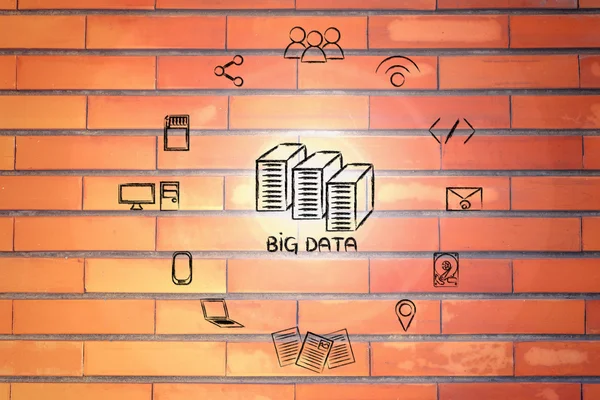 Elementos de big data con servidores y bengalas — Foto de Stock