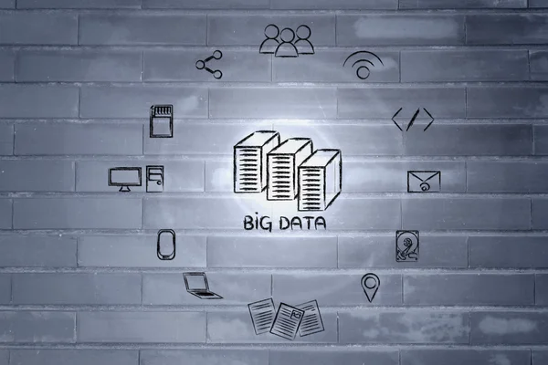 Elementos de big data con servidores y bengalas — Foto de Stock