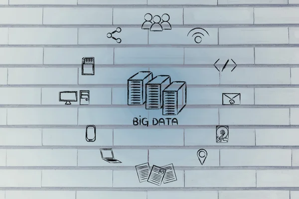 Elementos de big data con servidores y bengalas — Foto de Stock