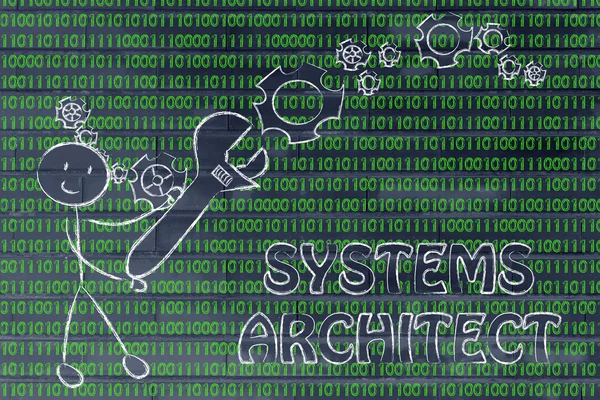 Man with wrench setting up binary code