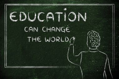 Teacher writing on blakboard about education