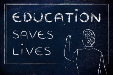 teacher writing on blakboard: education saves lives