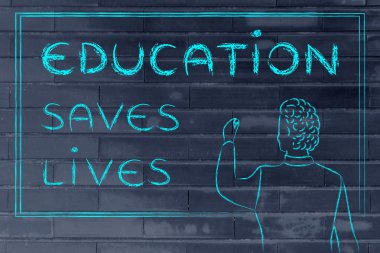 teacher writing on blakboard: education saves lives