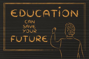 Teacher writing on blakboard about education