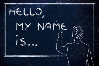 teacher writing on blakboard: Hello, my name is...
