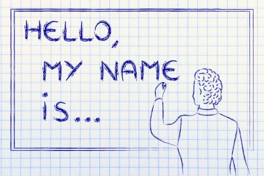 teacher writing on blakboard: Hello, my name is...