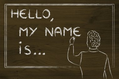 teacher writing on blakboard: Hello, my name is...