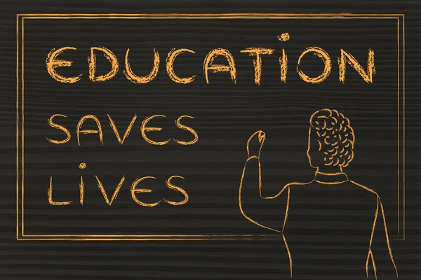 Teacher writing on blakboard: education saves lives — ストック写真