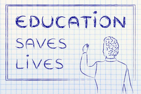 Profesor escribiendo en blakboard: la educación salva vidas —  Fotos de Stock